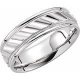 14K White Gold Ridged Wedding Band with Milgrain Edge, 6.75 mm Wide
