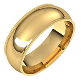 10K Yellow Gold Milgrain Domed Light Comfort Fit Wedding Band, 7 mm Wide