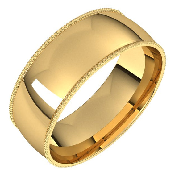 18K Yellow Gold Milgrain Domed Light Comfort Fit Wedding Band, 7 mm Wide