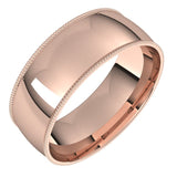 14K Rose Gold Milgrain Domed Light Comfort Fit Wedding Band, 7 mm Wide
